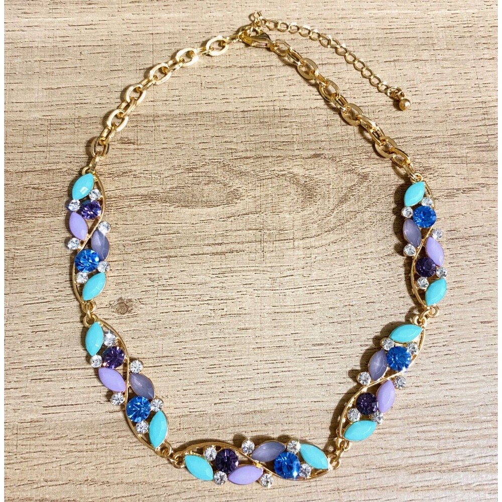 Colorful Rhinestone Crystal Cluster Collar Necklace Gold Tone Vine Purple  18”
